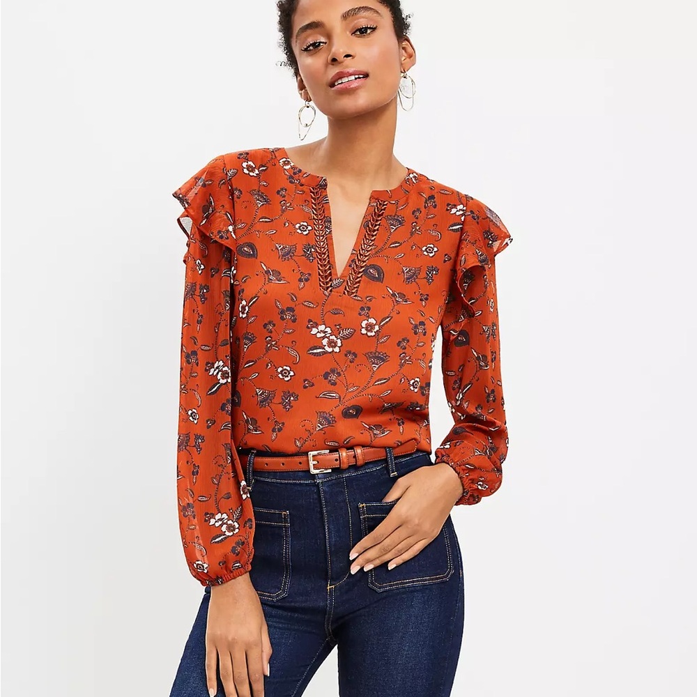 LOFT Floral Split Neck Blouse, size L